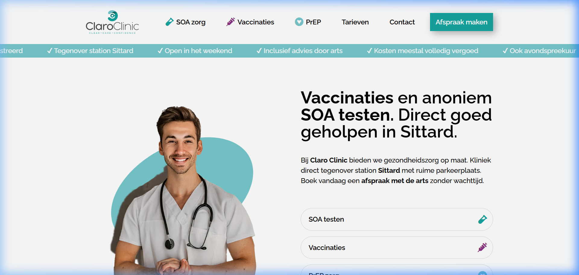 De oude hero-sectie van Claro Clinic — gebrek aan geloofwaardigheid